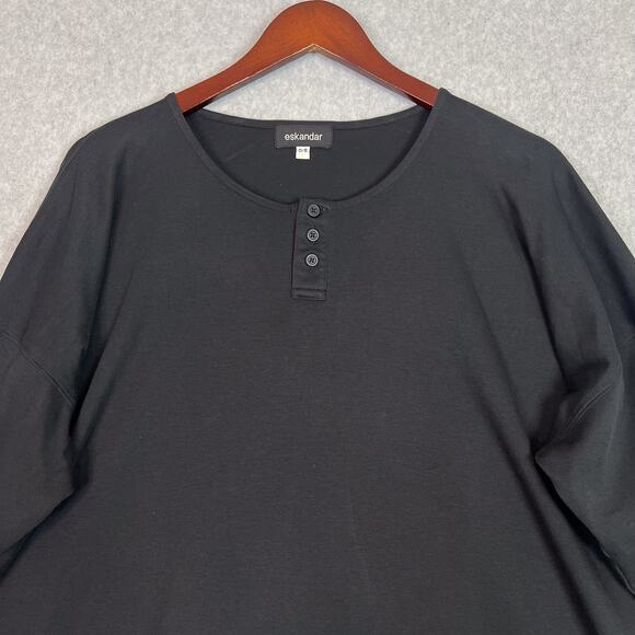 Eskandar Black Henley Long Sleeve 100% Pima Cotton Boxy Shirt One Size - Picture 2 of 7